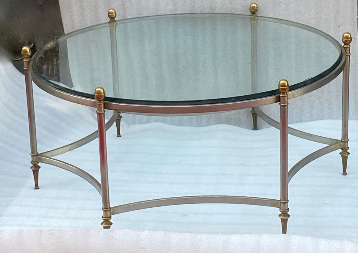 1970′ Table Basse De Forme Ronde Maison Jansen Fer Et Bronze , H 47,5 , ø 98 Cm