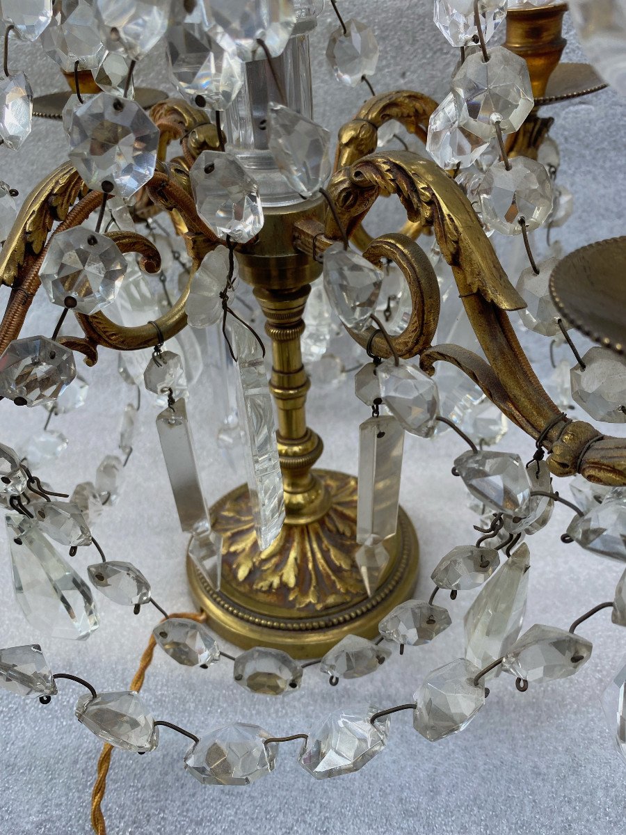 1950′ Pair Of Bronze Girandole Lamps 4 Arms Pampilles And Baccarat Daggers H 66 Cm-photo-3