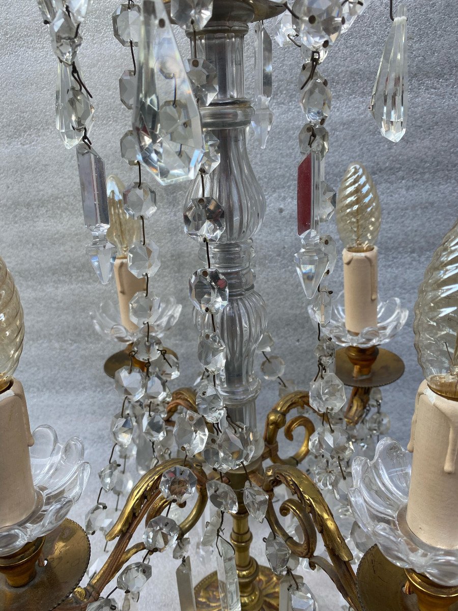 1950′ Pair Of Bronze Girandole Lamps 4 Arms Pampilles And Baccarat Daggers H 66 Cm-photo-4