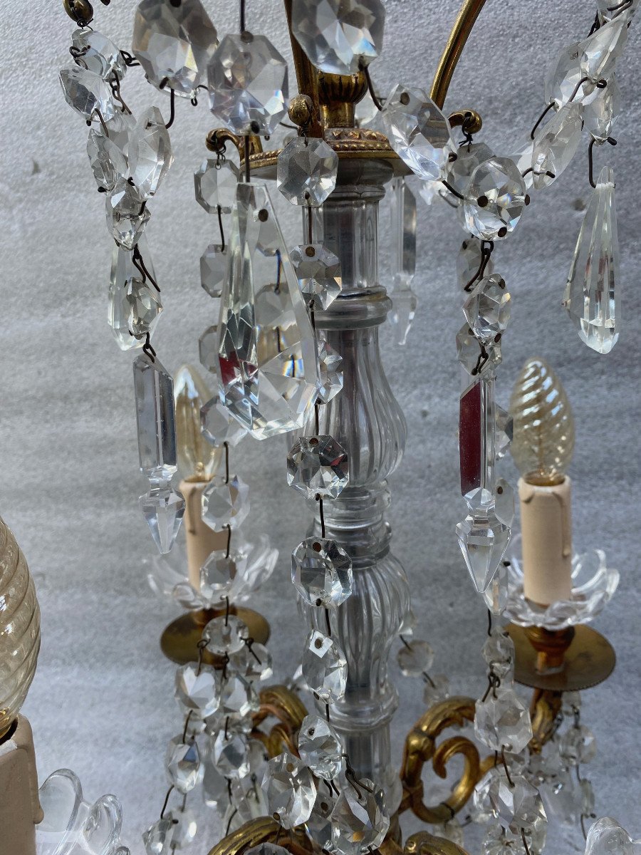1950′ Pair Of Bronze Girandole Lamps 4 Arms Pampilles And Baccarat Daggers H 66 Cm-photo-2