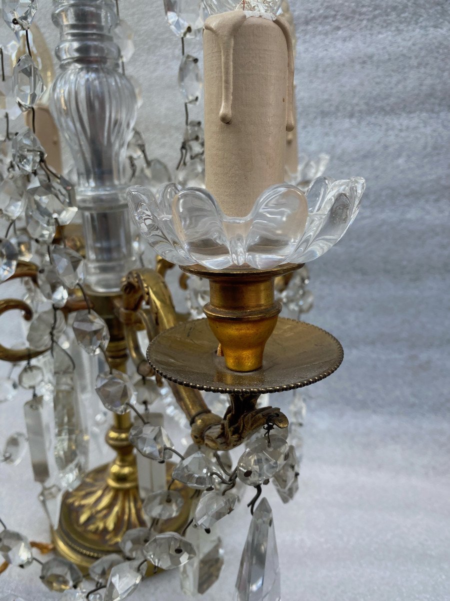 1950′ Pair Of Bronze Girandole Lamps 4 Arms Pampilles And Baccarat Daggers H 66 Cm-photo-4