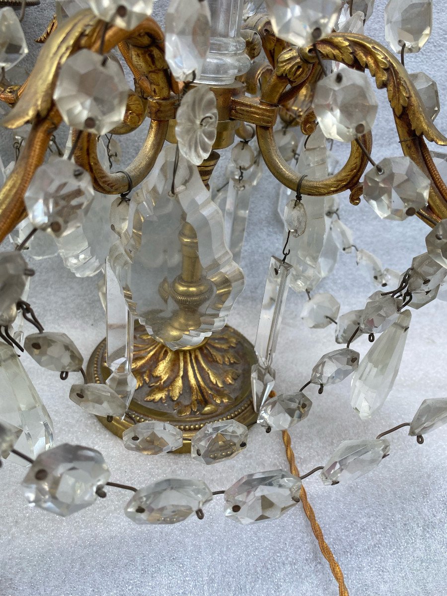 1950′ Pair Of Bronze Girandole Lamps 4 Arms Pampilles And Baccarat Daggers H 66 Cm-photo-6