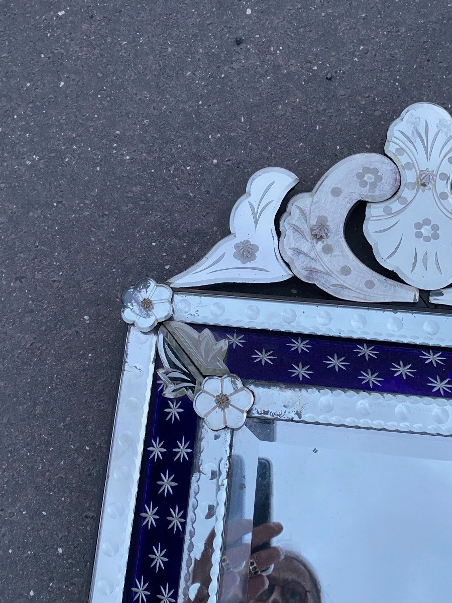 1950/60 ‘ Miroir N3 Venise  Avec Cadre En Verre Bleu Orné D Etoiles Argentées Centre Biseauté-photo-2