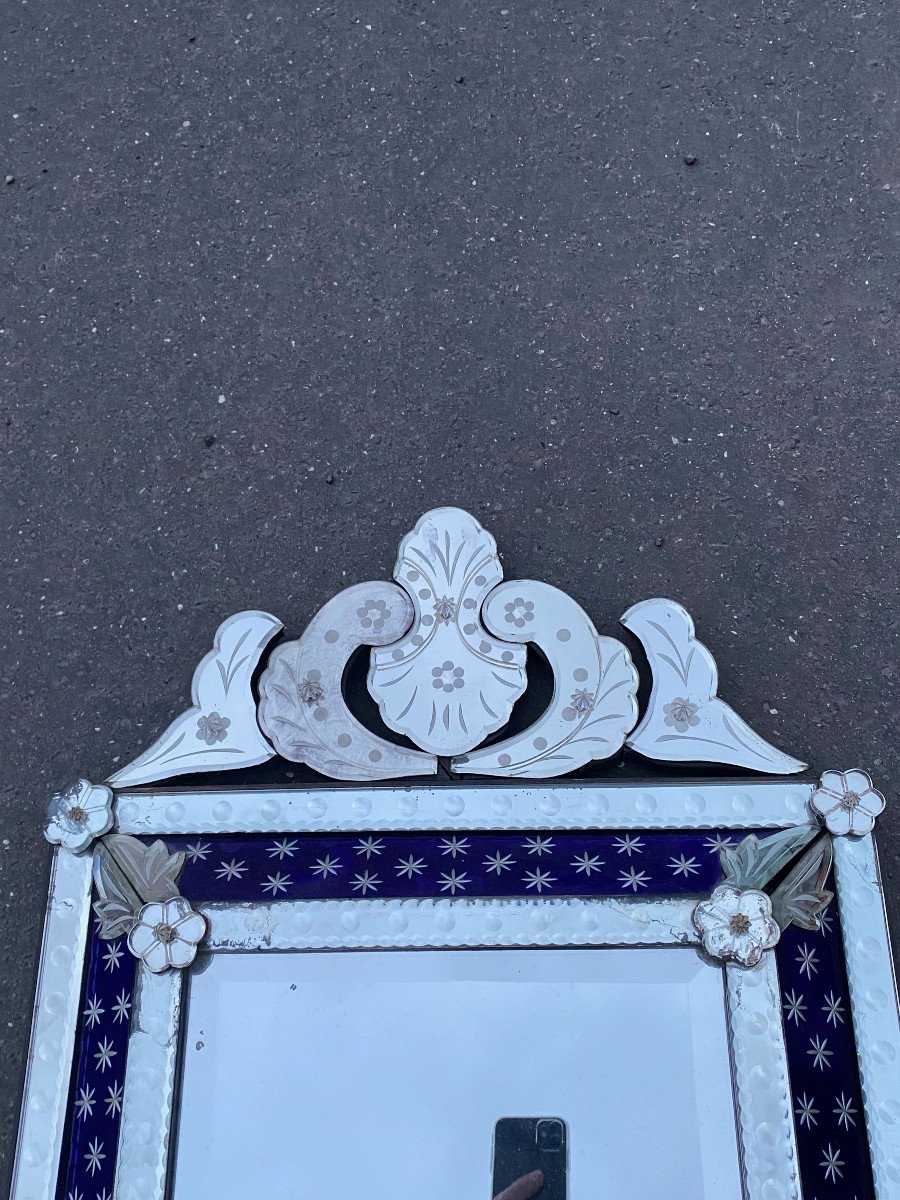 1950/60 ‘ Miroir N3 Venise  Avec Cadre En Verre Bleu Orné D Etoiles Argentées Centre Biseauté-photo-3