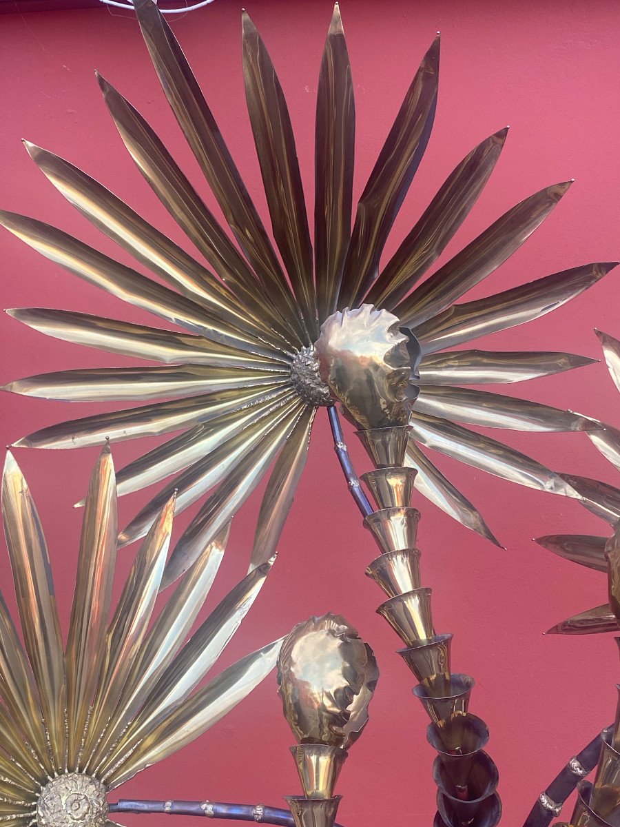 1970′ Lampadaire Palmier Yuka En Laiton Et Fer Patiné Maison Jansen 3 Têtes H 200 Cm-photo-6