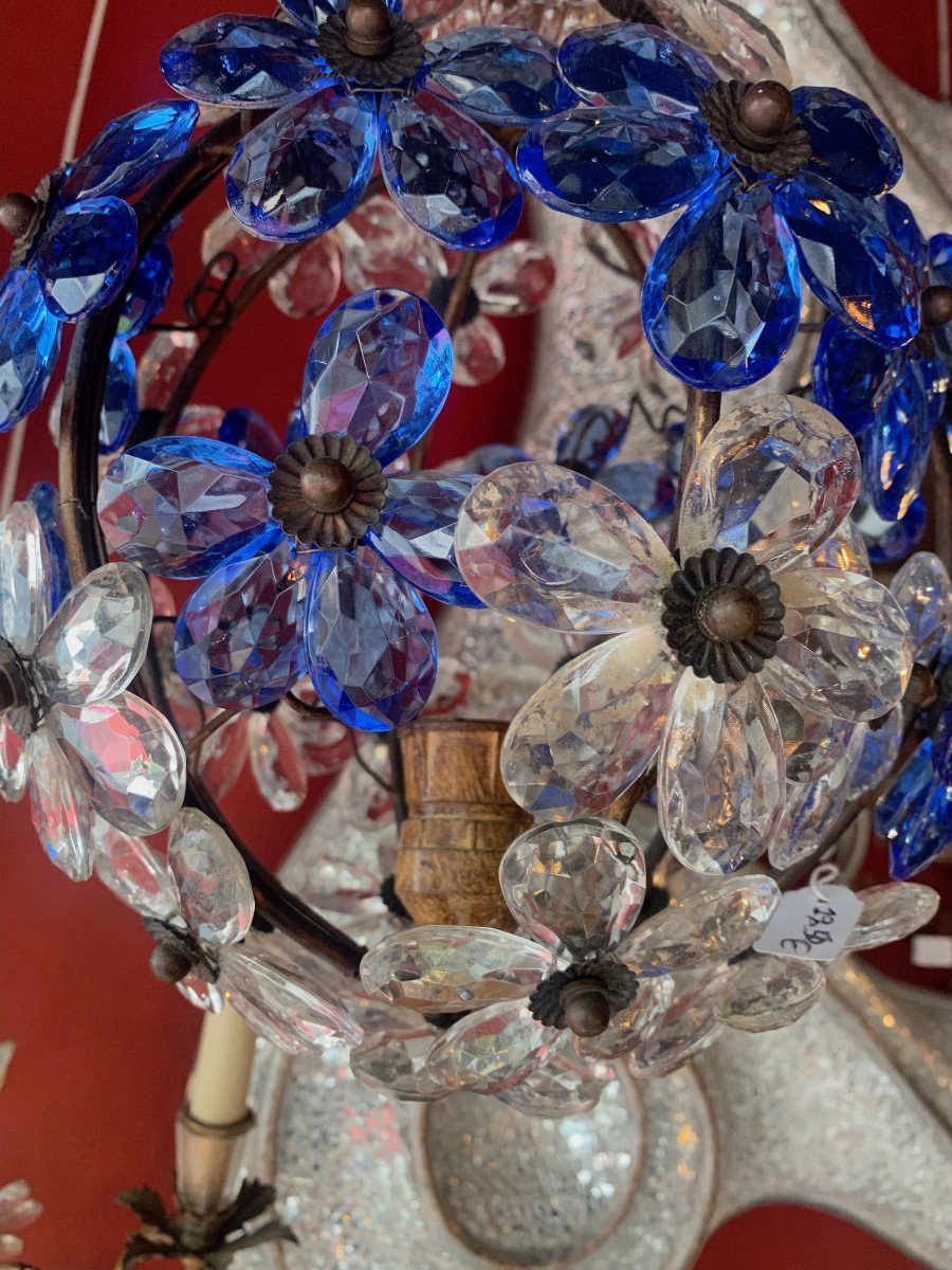 1970′ Lustre  à Décor De Fleurs Et Feuilles En Métal Doré Et Verre Coloré Bleu Maison Bagués-photo-2