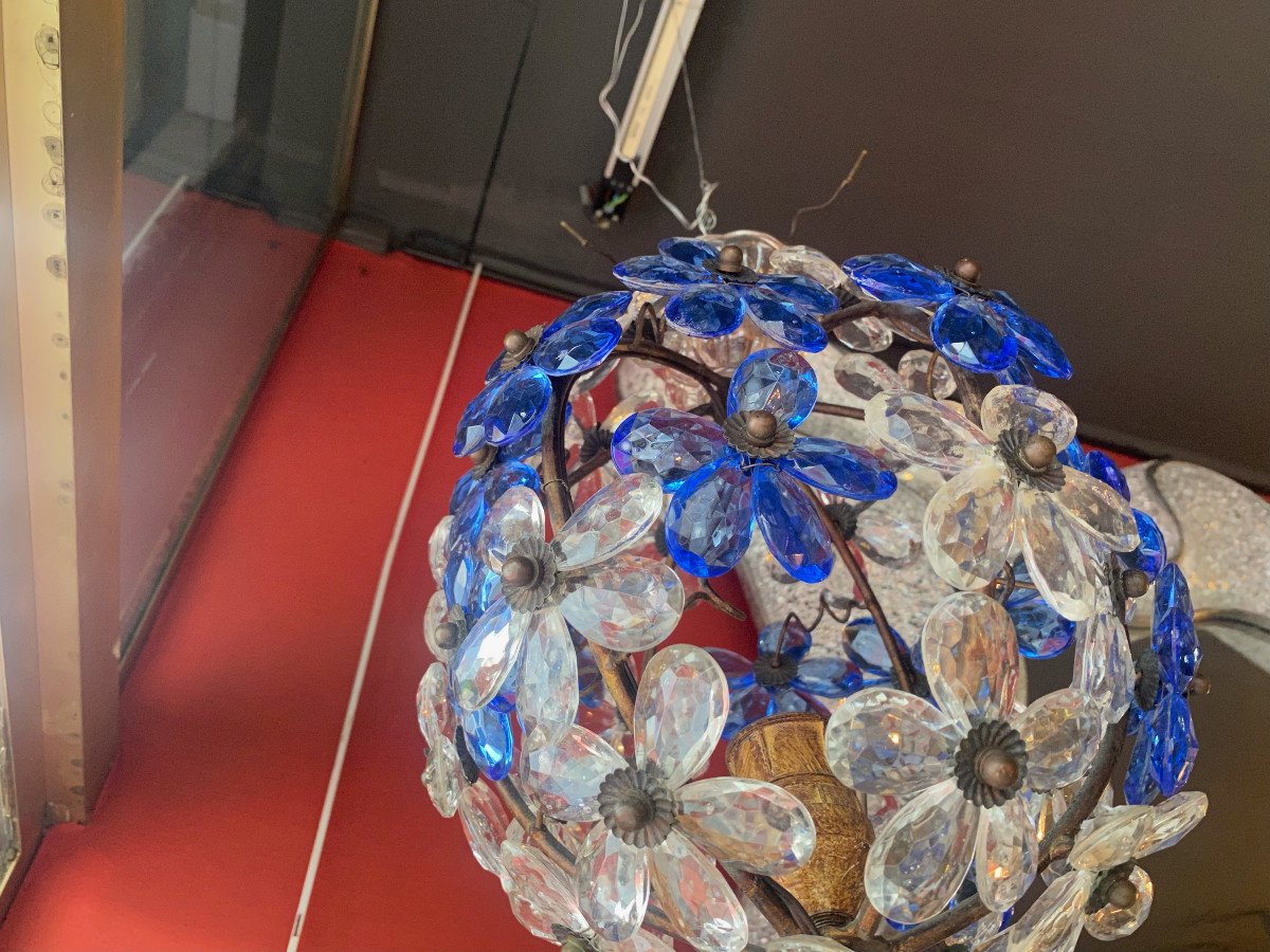 1970′ Lustre  à Décor De Fleurs Et Feuilles En Métal Doré Et Verre Coloré Bleu Maison Bagués-photo-4