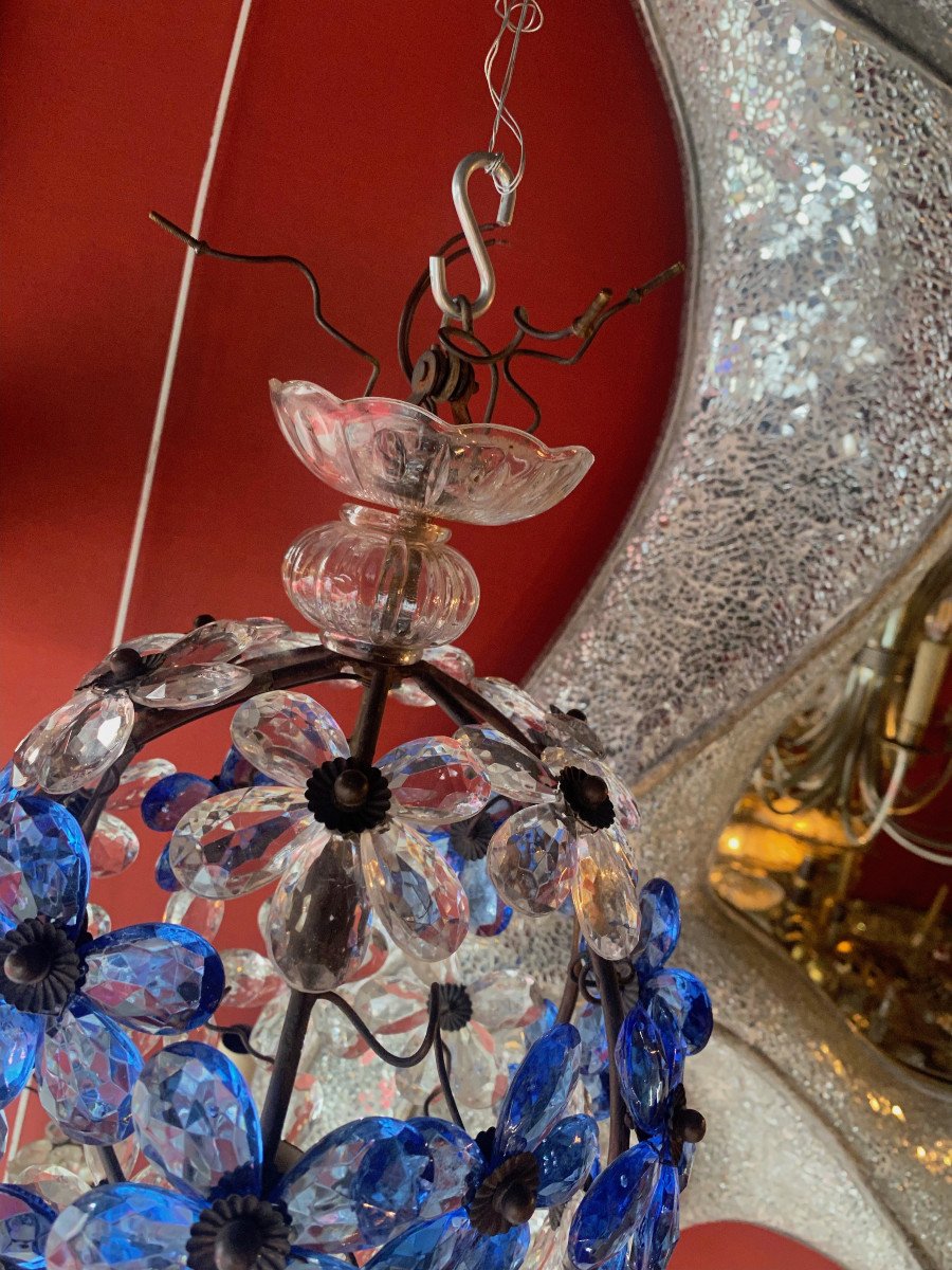 1970′ Lustre  à Décor De Fleurs Et Feuilles En Métal Doré Et Verre Coloré Bleu Maison Bagués-photo-2