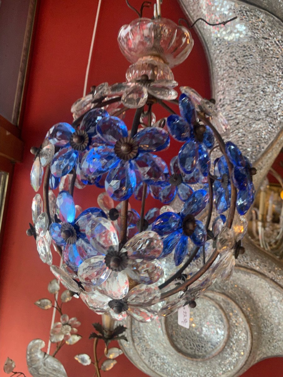 1970′ Lustre  à Décor De Fleurs Et Feuilles En Métal Doré Et Verre Coloré Bleu Maison Bagués-photo-4