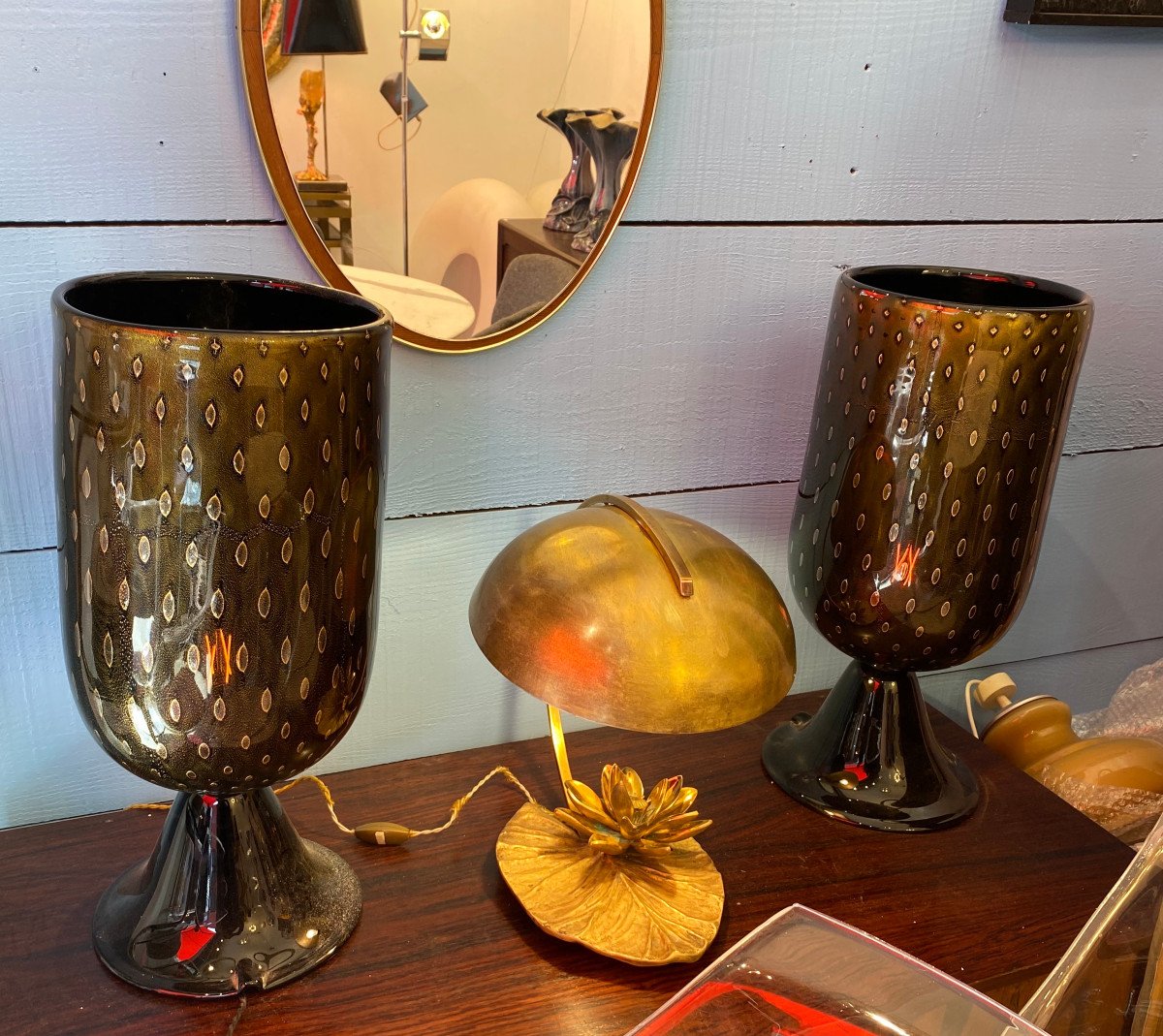 1970′ Pair Of Black And Gold Murano Crystal Lamps Attributed To Toso H 56 Cm-photo-2