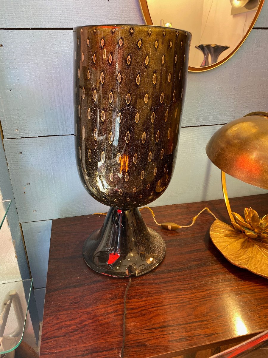 1970′ Pair Of Black And Gold Murano Crystal Lamps Attributed To Toso H 56 Cm-photo-3