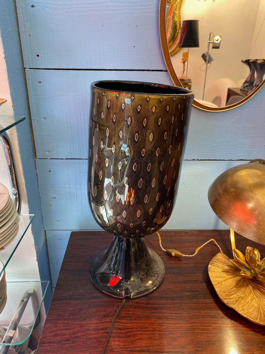 1970′ Pair Of Black And Gold Murano Crystal Lamps Attributed To Toso H 56 Cm-photo-4