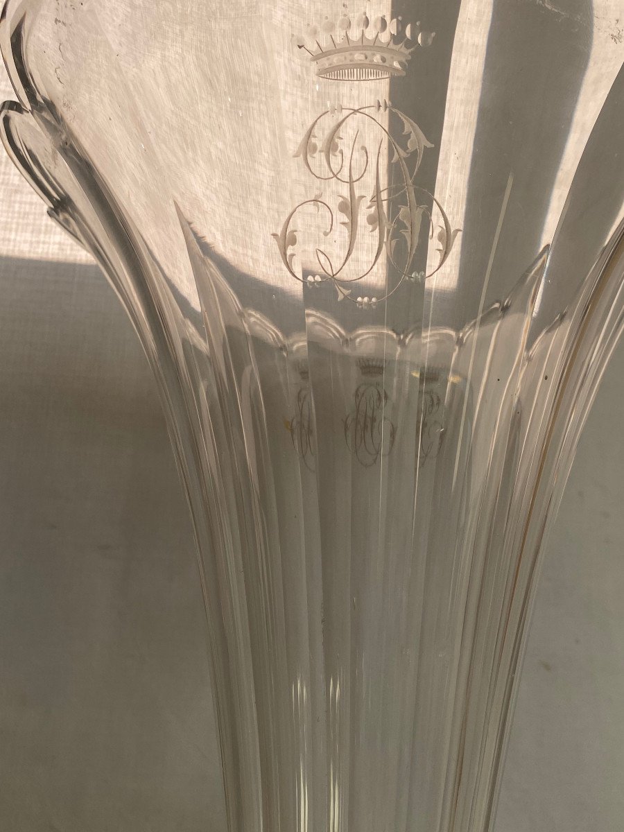 1870′ Pair Of Baccarat Cornets Or Similar Bronze Mount Monogram At The Crown H 49.5 Cm-photo-3