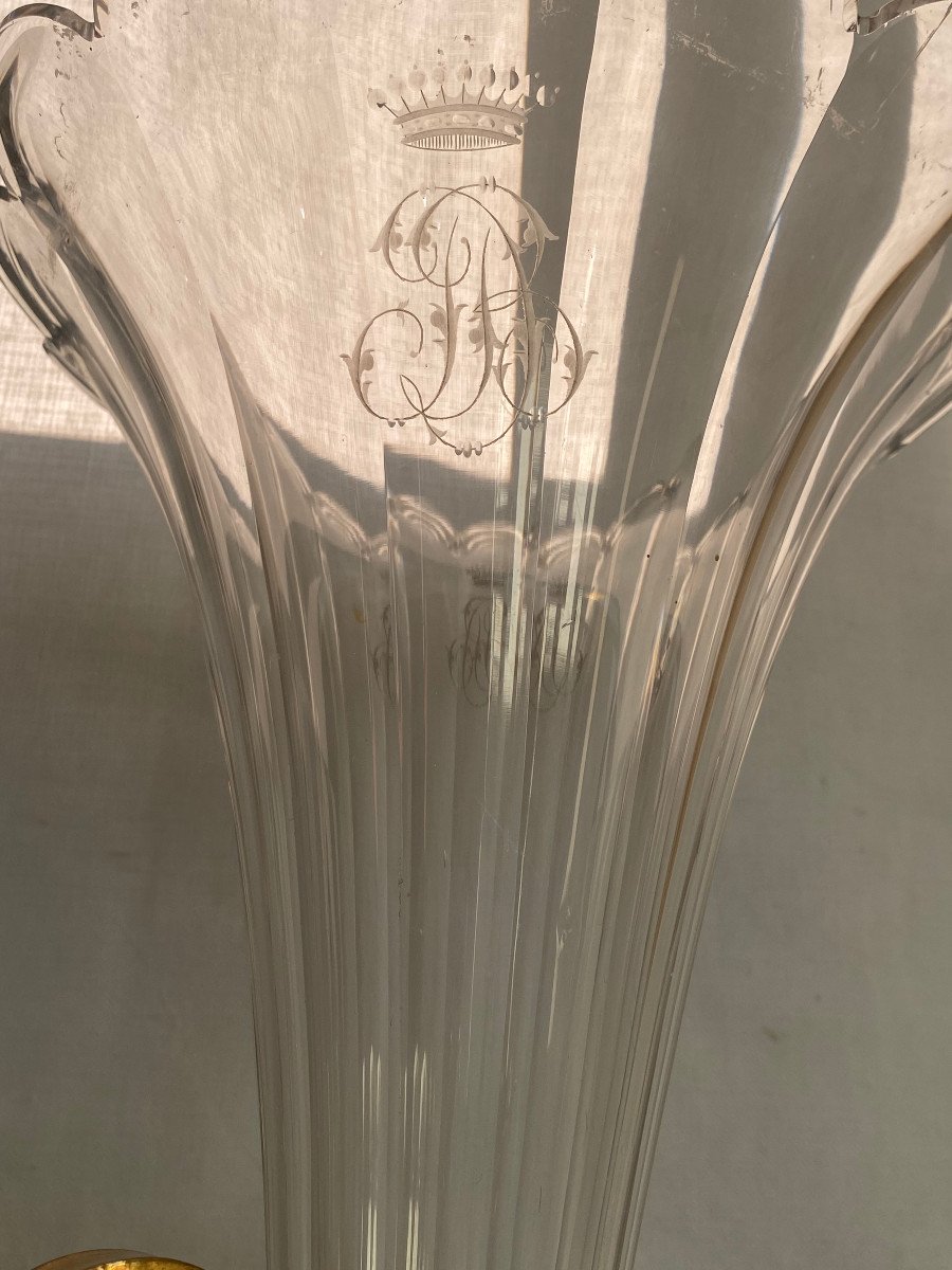 1870′ Pair Of Baccarat Cornets Or Similar Bronze Mount Monogram At The Crown H 49.5 Cm-photo-1