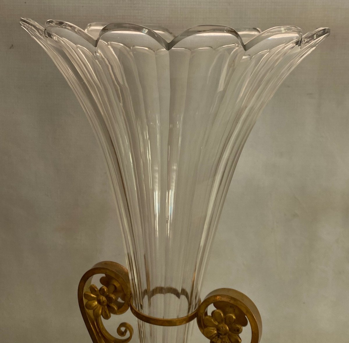 1870′ Pair Of Baccarat Cornets Or Similar Bronze Mount Monogram At The Crown H 49.5 Cm-photo-4