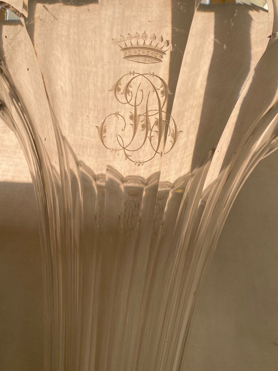 1870′ Pair Of Baccarat Cornets Or Similar Bronze Mount Monogram At The Crown H 49.5 Cm-photo-6