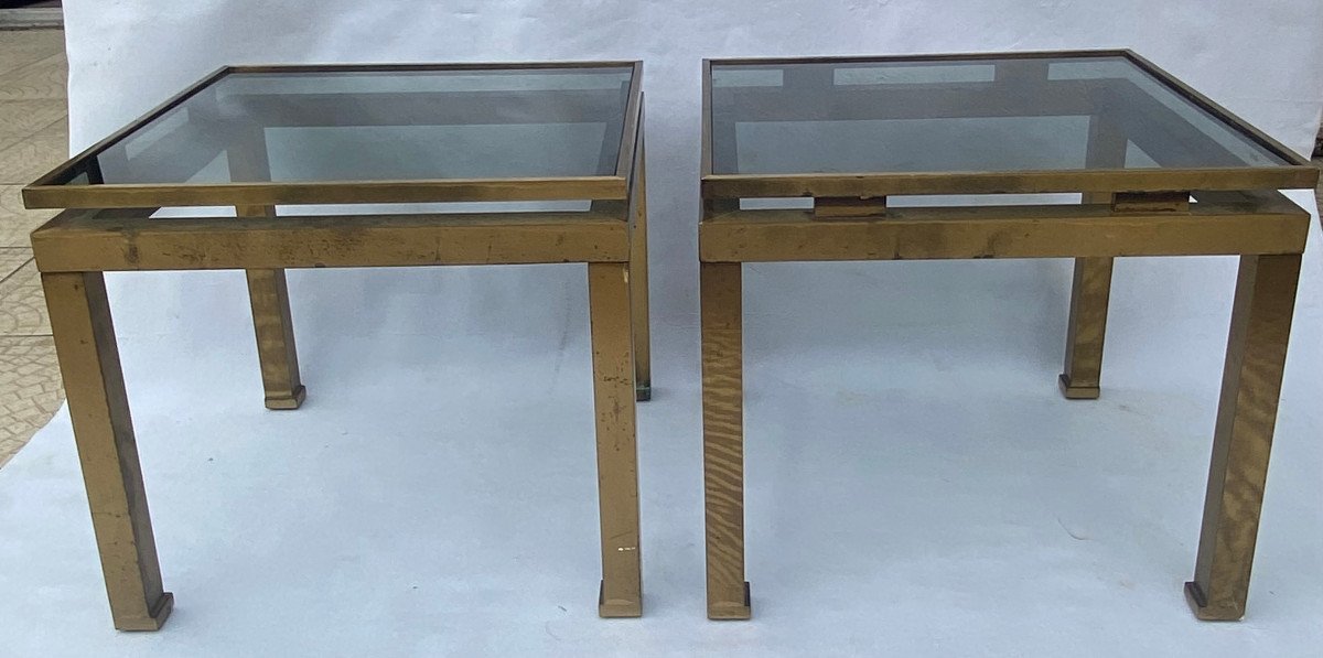 1970′ Pair Of Guy Lefevre Side Tables In Brass With Smoked Glasses 42 X 42 Xh 37 Cm-photo-2