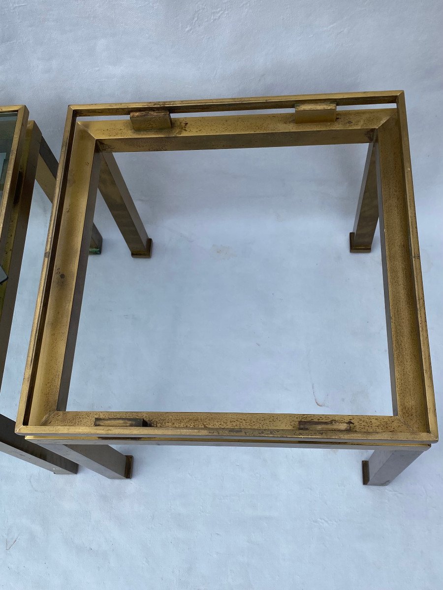 1970′ Pair Of Guy Lefevre Side Tables In Brass With Smoked Glasses 42 X 42 Xh 37 Cm-photo-3