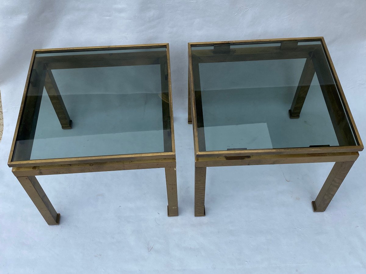 1970′ Pair Of Guy Lefevre Side Tables In Brass With Smoked Glasses 42 X 42 Xh 37 Cm-photo-4