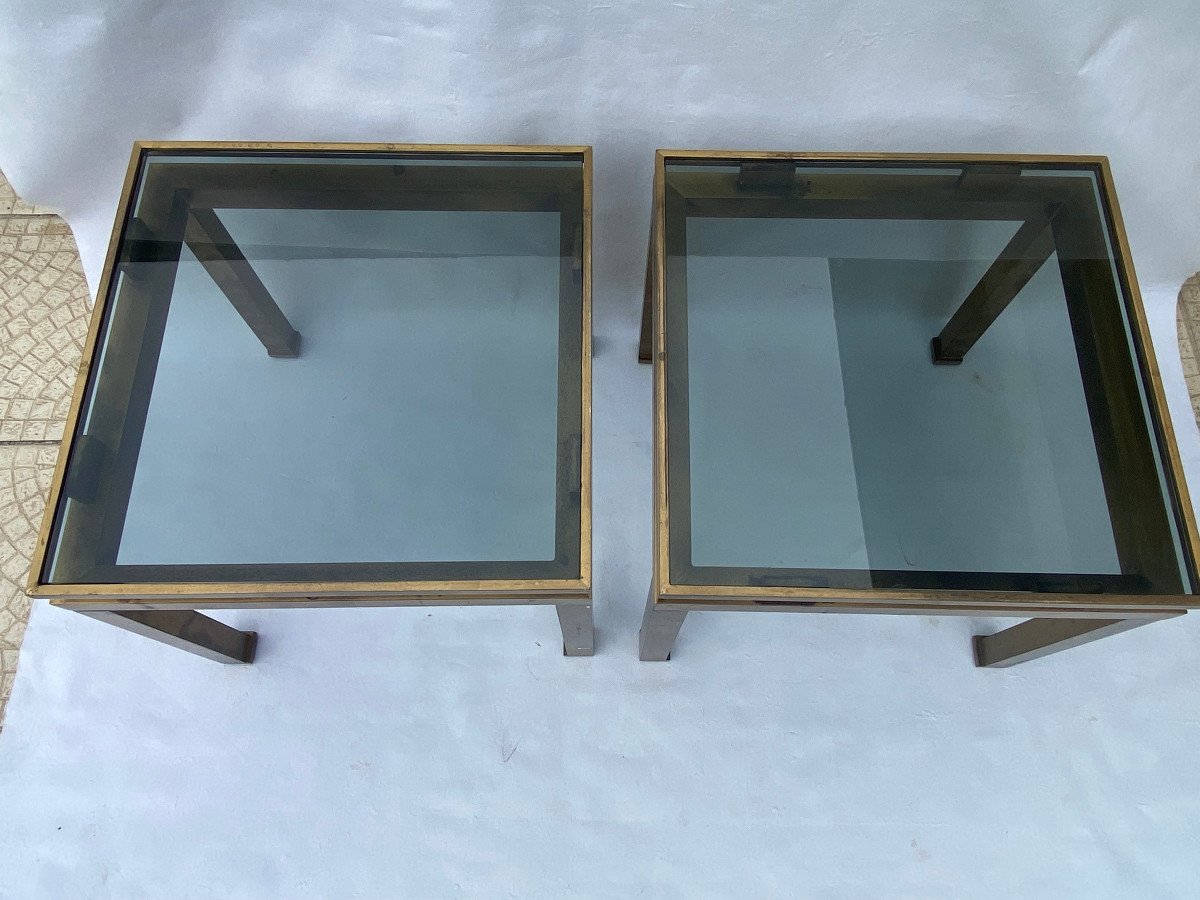 1970′ Pair Of Guy Lefevre Side Tables In Brass With Smoked Glasses 42 X 42 Xh 37 Cm-photo-5