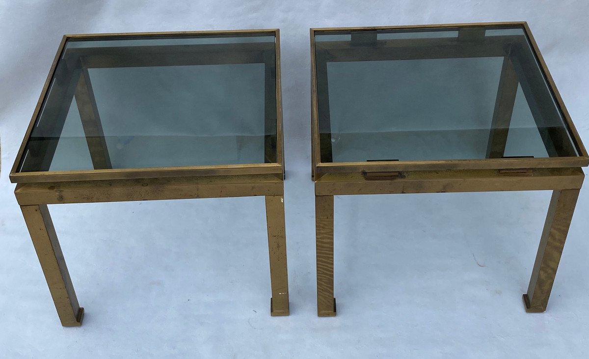 1970′ Pair Of Guy Lefevre Side Tables In Brass With Smoked Glasses 42 X 42 Xh 37 Cm