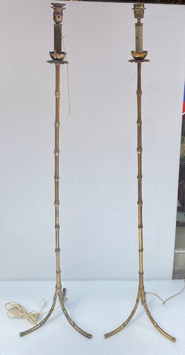1970′ Pair Of Floor Lamps In Gilt Bronze Maison Baguès Bamboo Model H 160 Cm