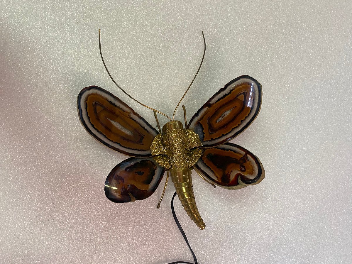 1970 'bronze Butterfly Wall Lamp, Duval Brasseur Or Isabelle Faure, Agate Wings: 28 Xh 35-photo-3