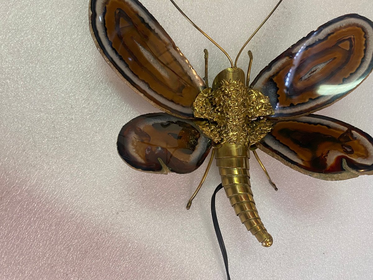 1970 'bronze Butterfly Wall Lamp, Duval Brasseur Or Isabelle Faure, Agate Wings: 28 Xh 35-photo-1