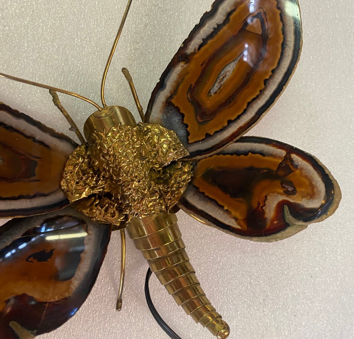 1970 'bronze Butterfly Wall Lamp, Duval Brasseur Or Isabelle Faure, Agate Wings: 28 Xh 35-photo-2