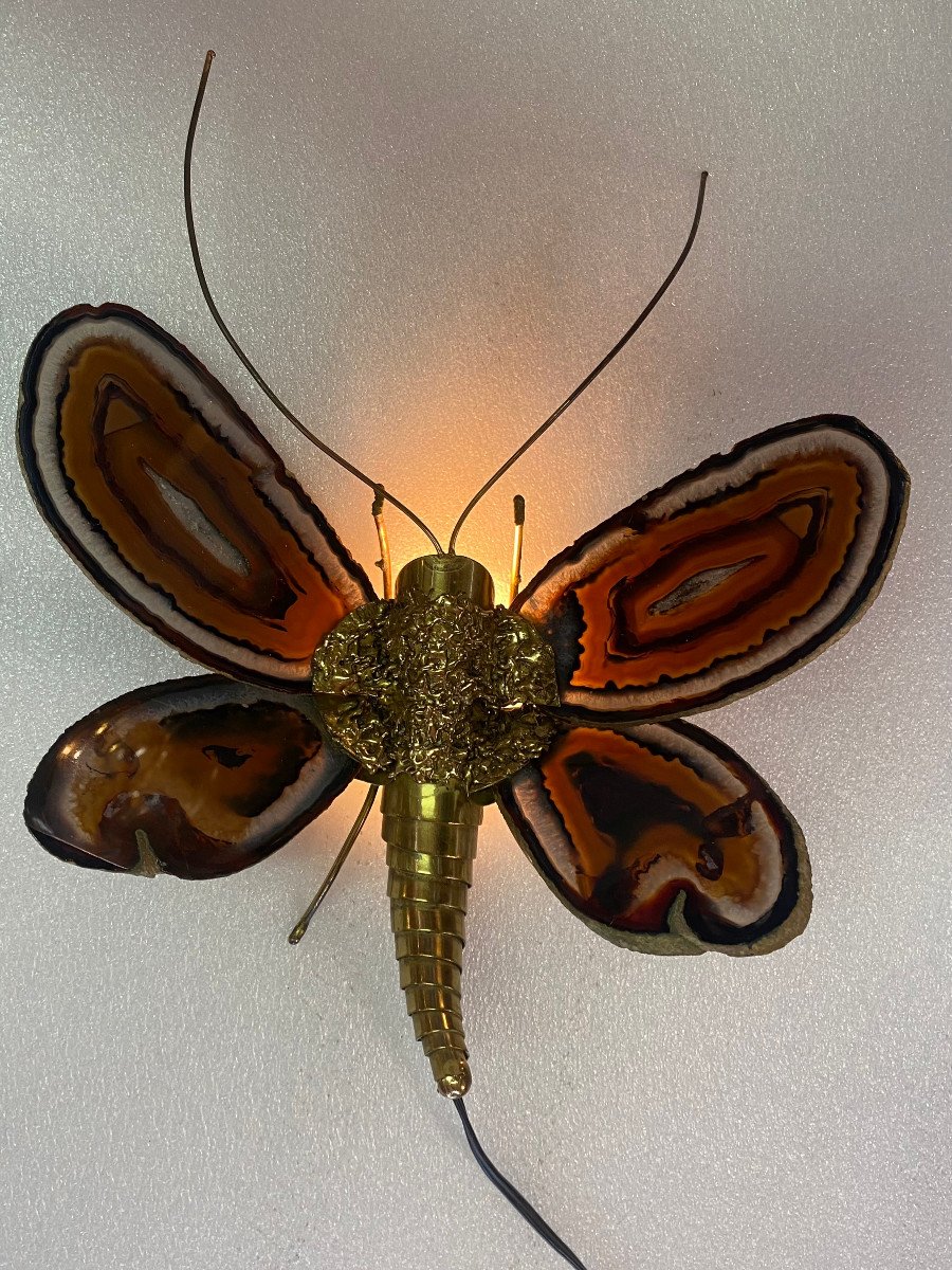 1970 'bronze Butterfly Wall Lamp, Duval Brasseur Or Isabelle Faure, Agate Wings: 28 Xh 35