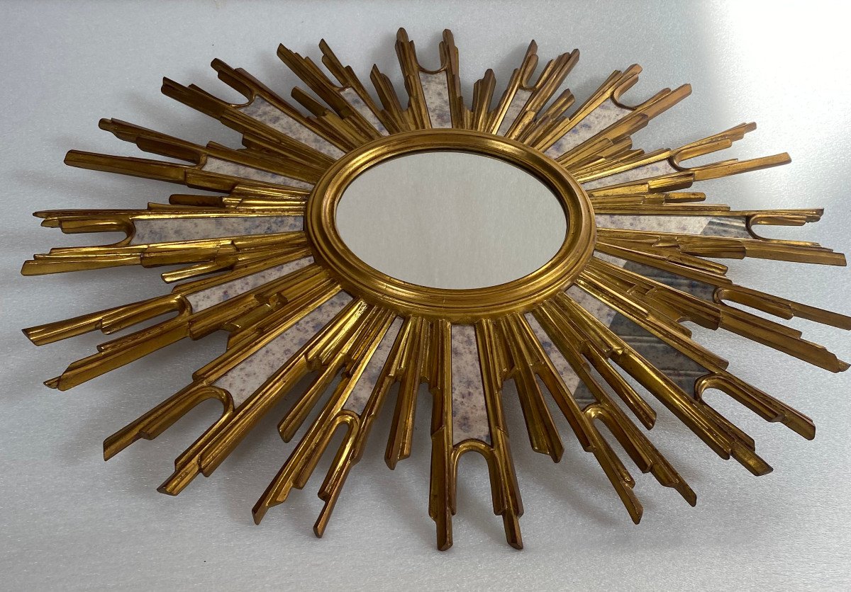 1970′ Miroir Soleil Ovale , Résine Dorée 86 X 66 Cm-photo-1
