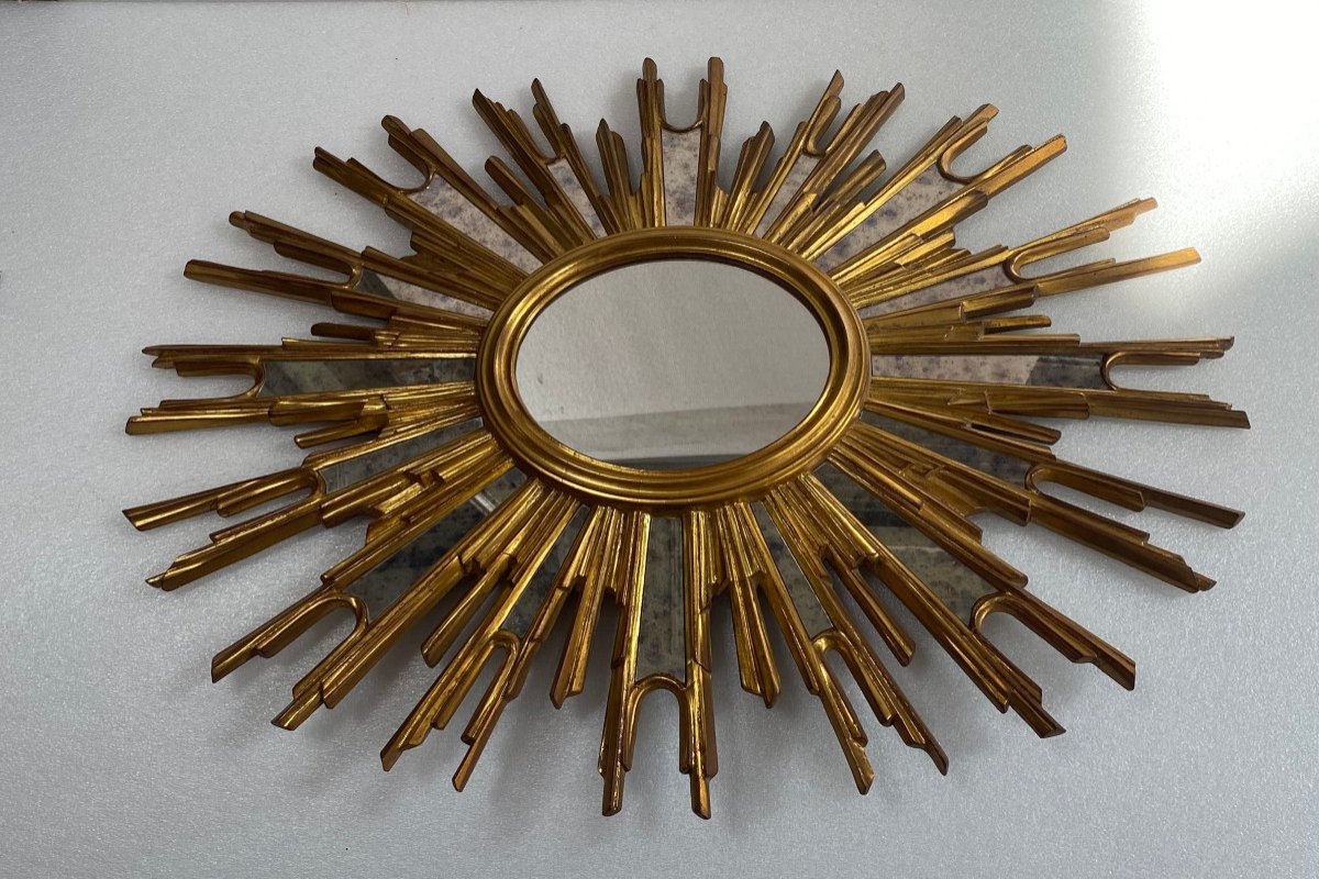 1970′ Oval Sun Mirror, Golden Resin 86 X 66 Cm