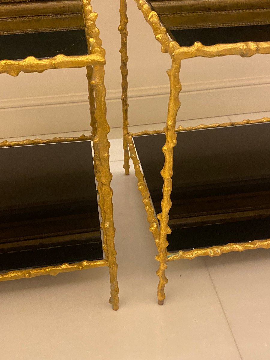 1970′ Paire De Bouts De Canapé , Bronze Doré Decor Végétal Maison Jansen Plateaux Verres Noirci-photo-2