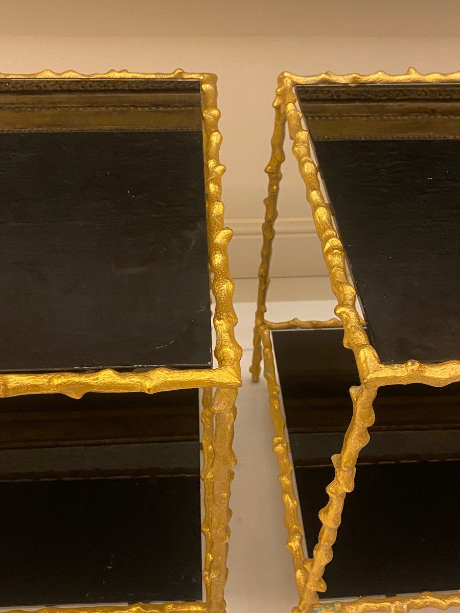 1970′ Paire De Bouts De Canapé , Bronze Doré Decor Végétal Maison Jansen Plateaux Verres Noirci-photo-3