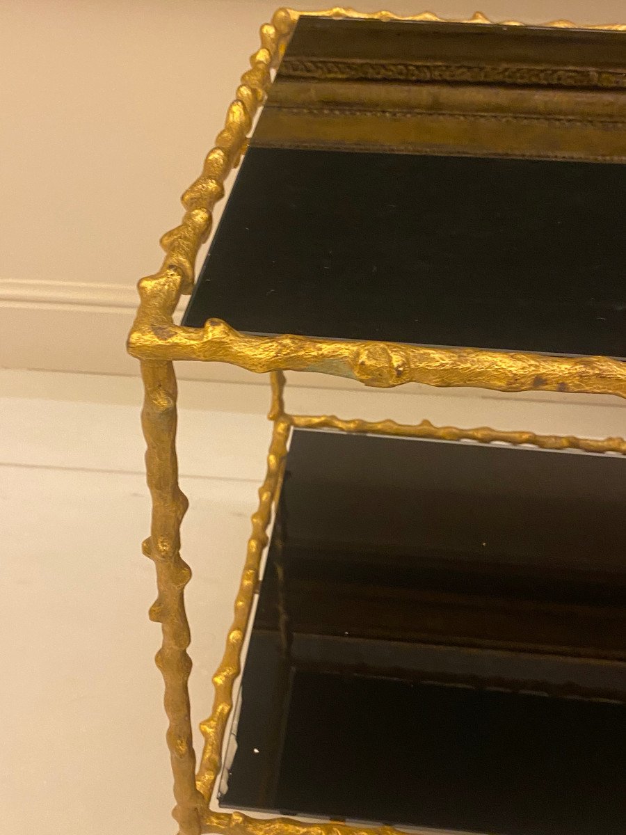 1970′ Paire De Bouts De Canapé , Bronze Doré Decor Végétal Maison Jansen Plateaux Verres Noirci-photo-4