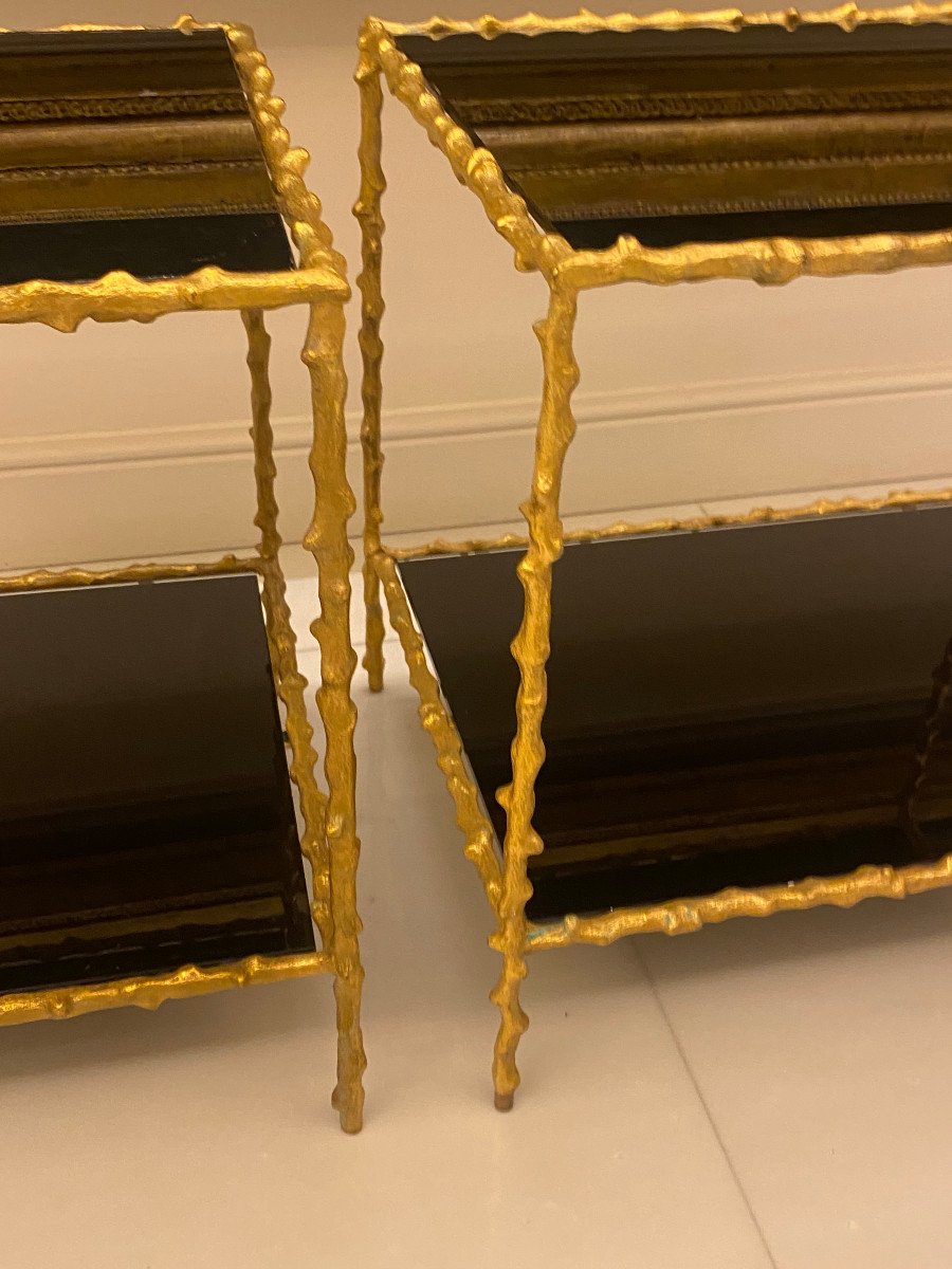 1970′ Paire De Bouts De Canapé , Bronze Doré Decor Végétal Maison Jansen Plateaux Verres Noirci-photo-2