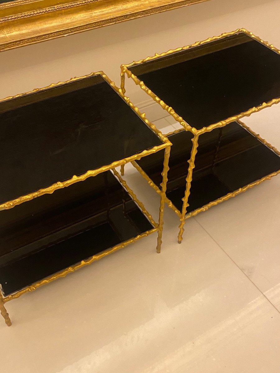 1970′ Paire De Bouts De Canapé , Bronze Doré Decor Végétal Maison Jansen Plateaux Verres Noirci-photo-3