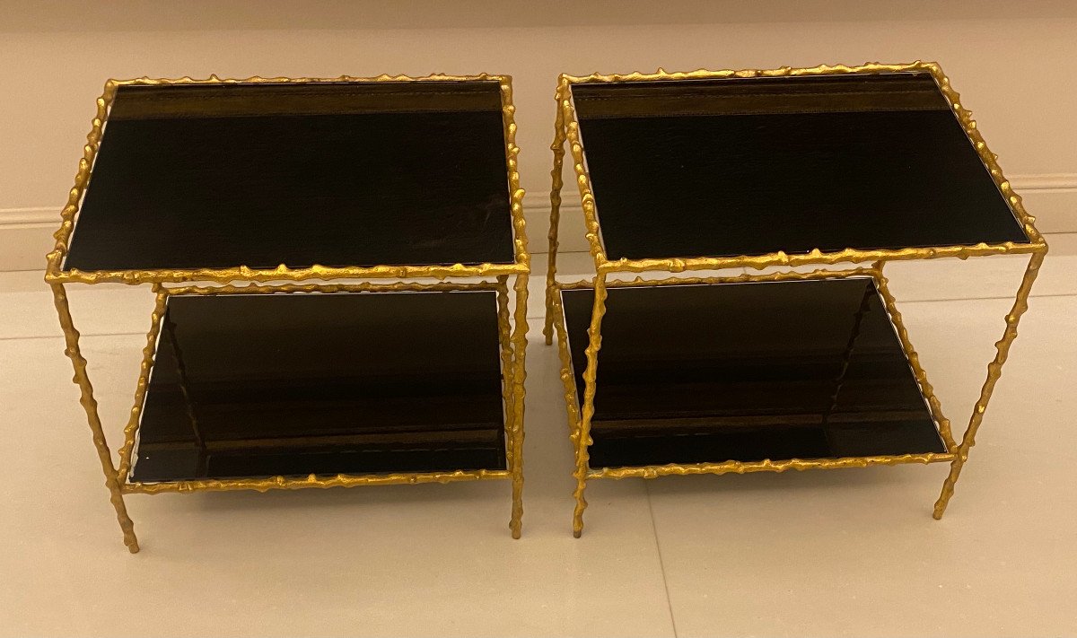 1970′ Paire De Bouts De Canapé , Bronze Doré Decor Végétal Maison Jansen Plateaux Verres Noirci