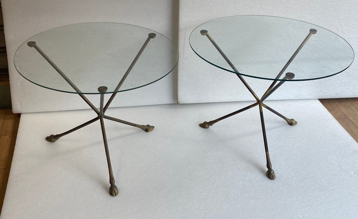 1970′ Pair Of Patinated Brass Pedestal Tables Glass Top Maison Charles Ou Jansen H 41 Diam 60 Cm-photo-1