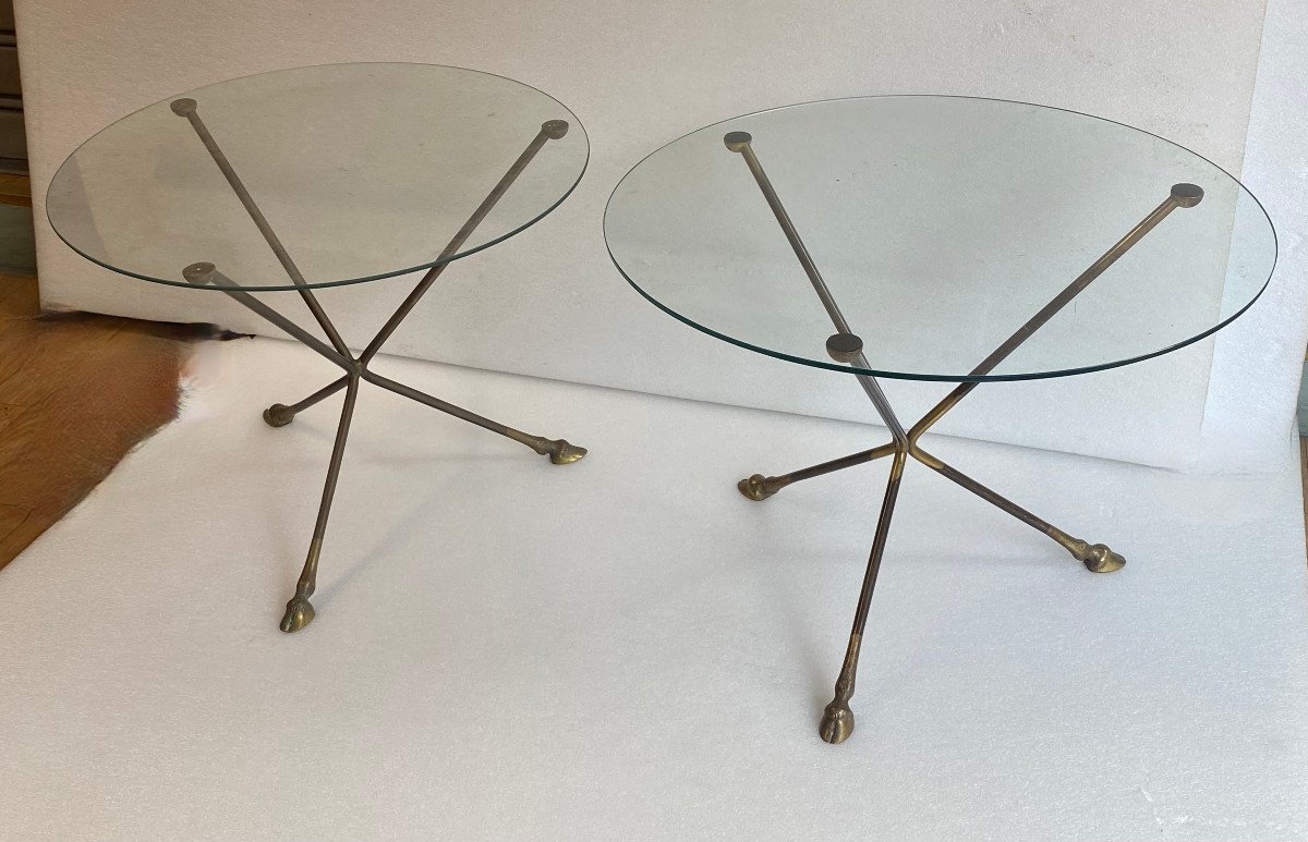 1970′ Pair Of Patinated Brass Pedestal Tables Glass Top Maison Charles Ou Jansen H 41 Diam 60 Cm