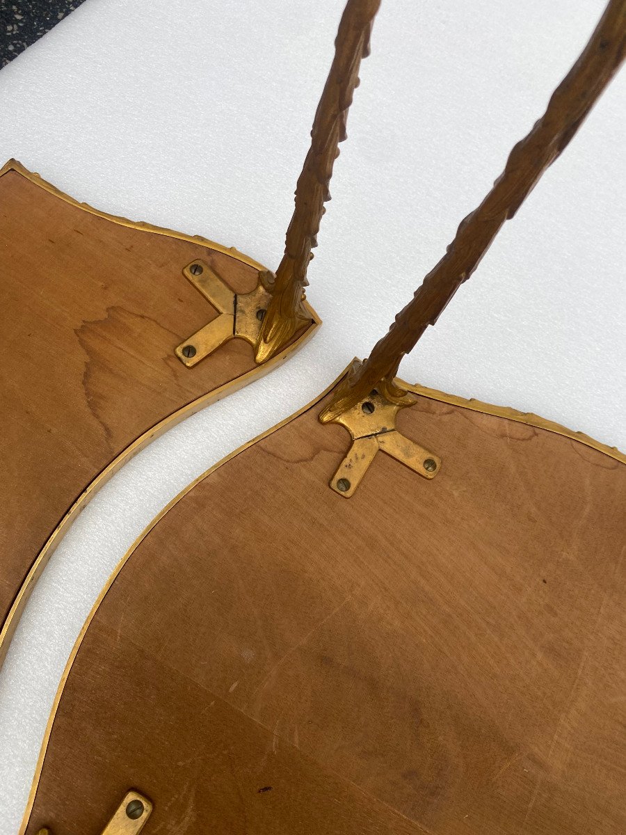 1970′ Maison Charles Tripartite Table Crossbow Shape, Jansen Or Baguès Palm Tree Decor In Bronze-photo-5