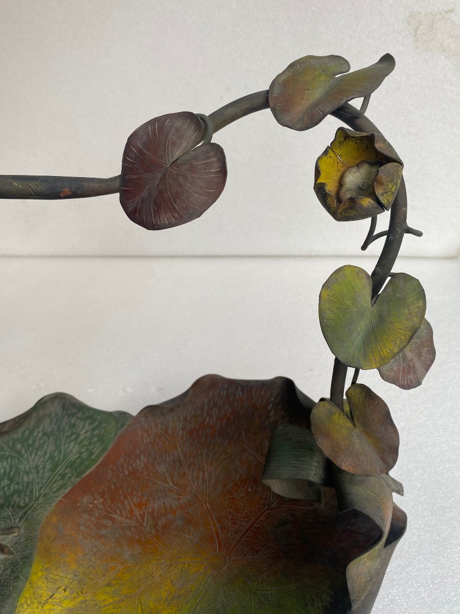 1900′ Art Nouveau Patinated Bronze Fruit Basket, Japanese Crane And Water Lilies 47 X 58 Xh 54 Cm-photo-3