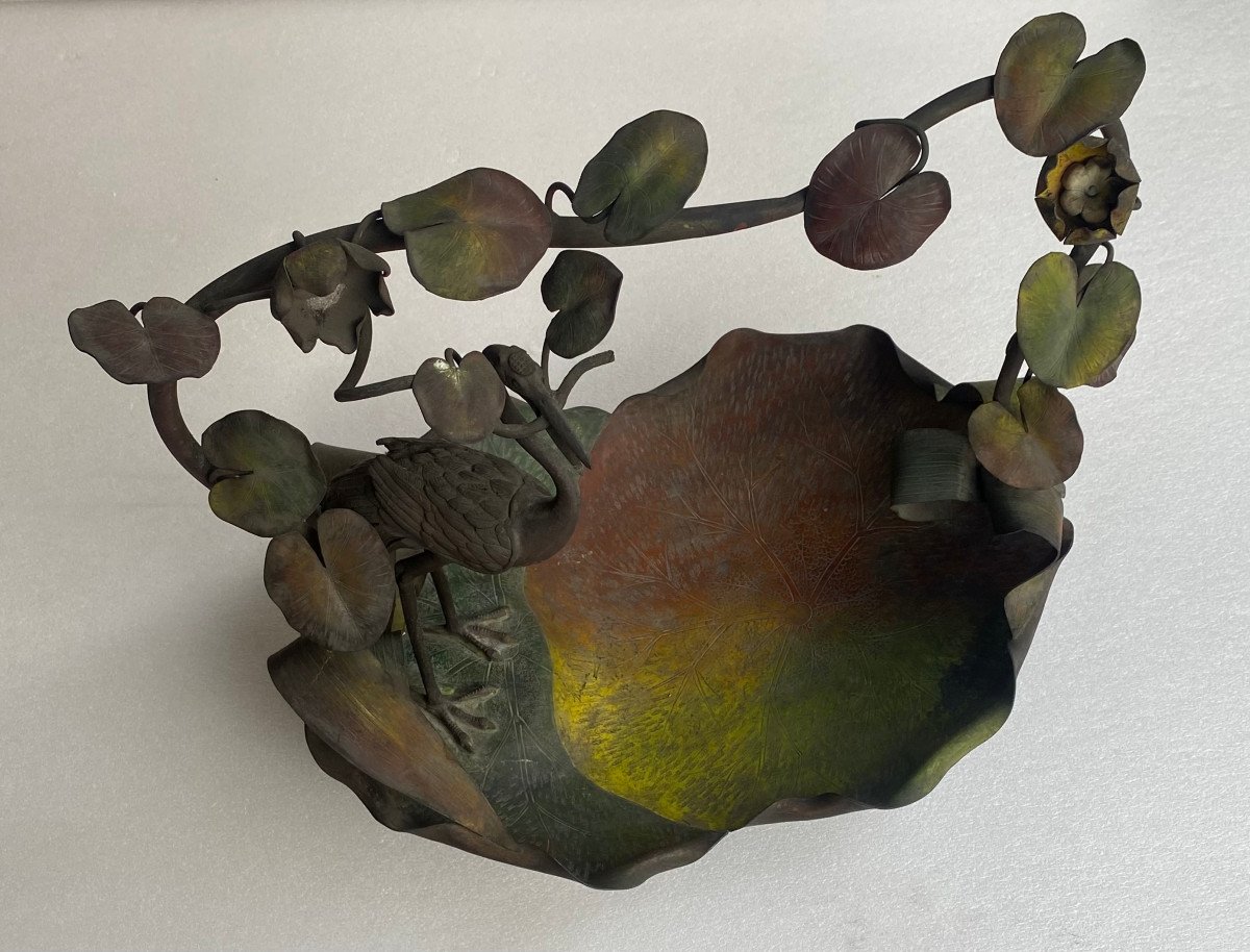 1900′ Art Nouveau Patinated Bronze Fruit Basket, Japanese Crane And Water Lilies 47 X 58 Xh 54 Cm-photo-2