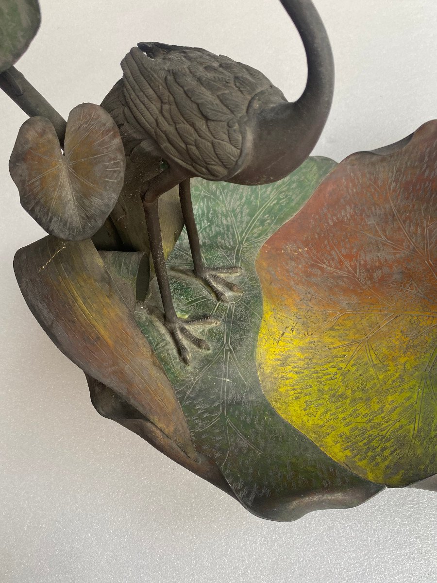 1900′ Corbeille A Fruit Bronze Patiné Art Nouveau, Grue Du Japon Et Nénuphars 47 X 58 X H 54 Cm-photo-4