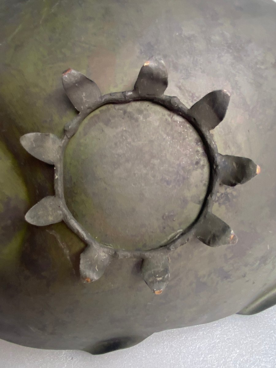 1900′ Corbeille A Fruit Bronze Patiné Art Nouveau, Grue Du Japon Et Nénuphars 47 X 58 X H 54 Cm-photo-5
