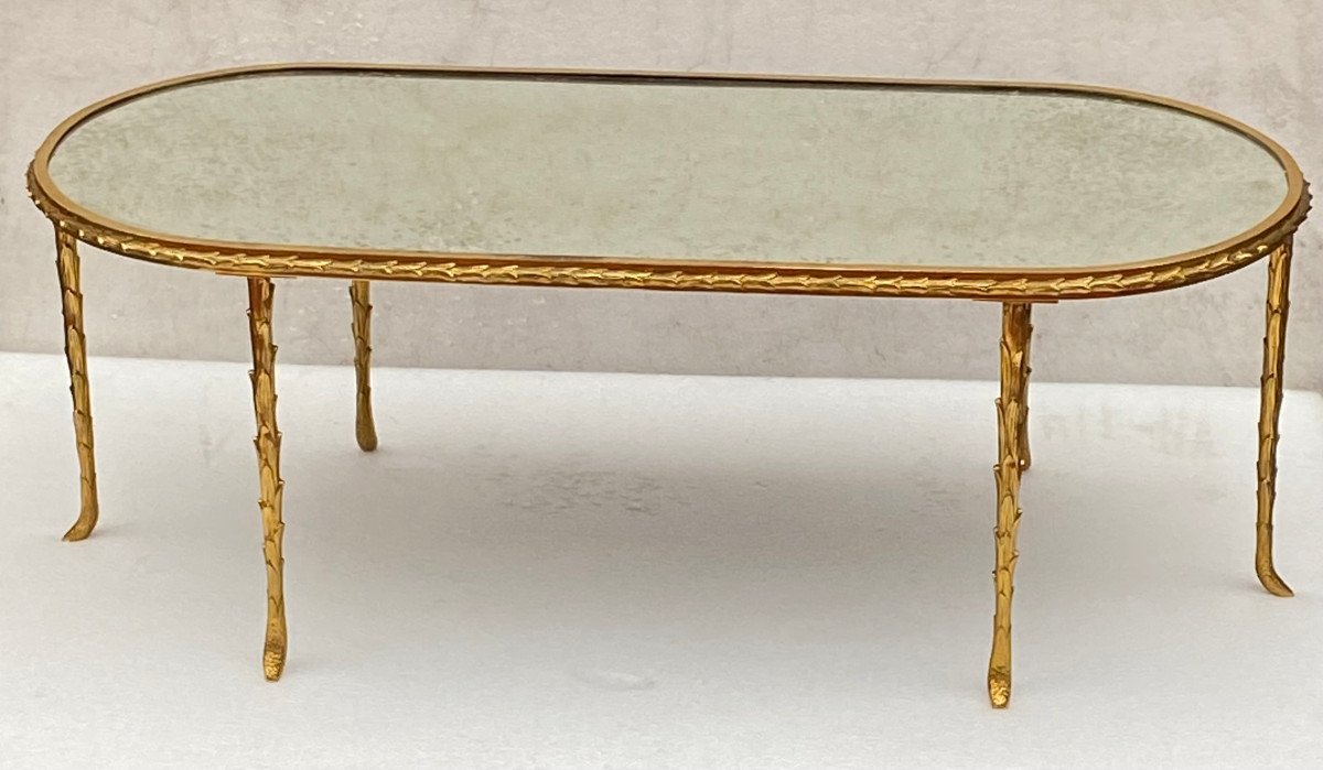 1970′ Maison Charles Coffee Table, Jansen Or Baguès Palm Tree Decor In Gilt Bronze L 112 X 48 Cm-photo-3