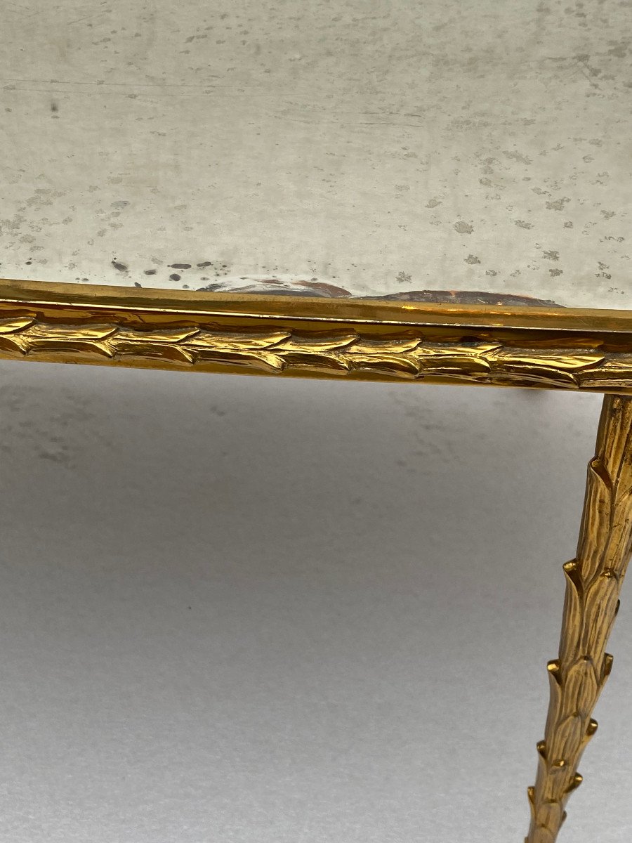 1970′ Maison Charles Coffee Table, Jansen Or Baguès Palm Tree Decor In Gilt Bronze L 112 X 48 Cm-photo-4