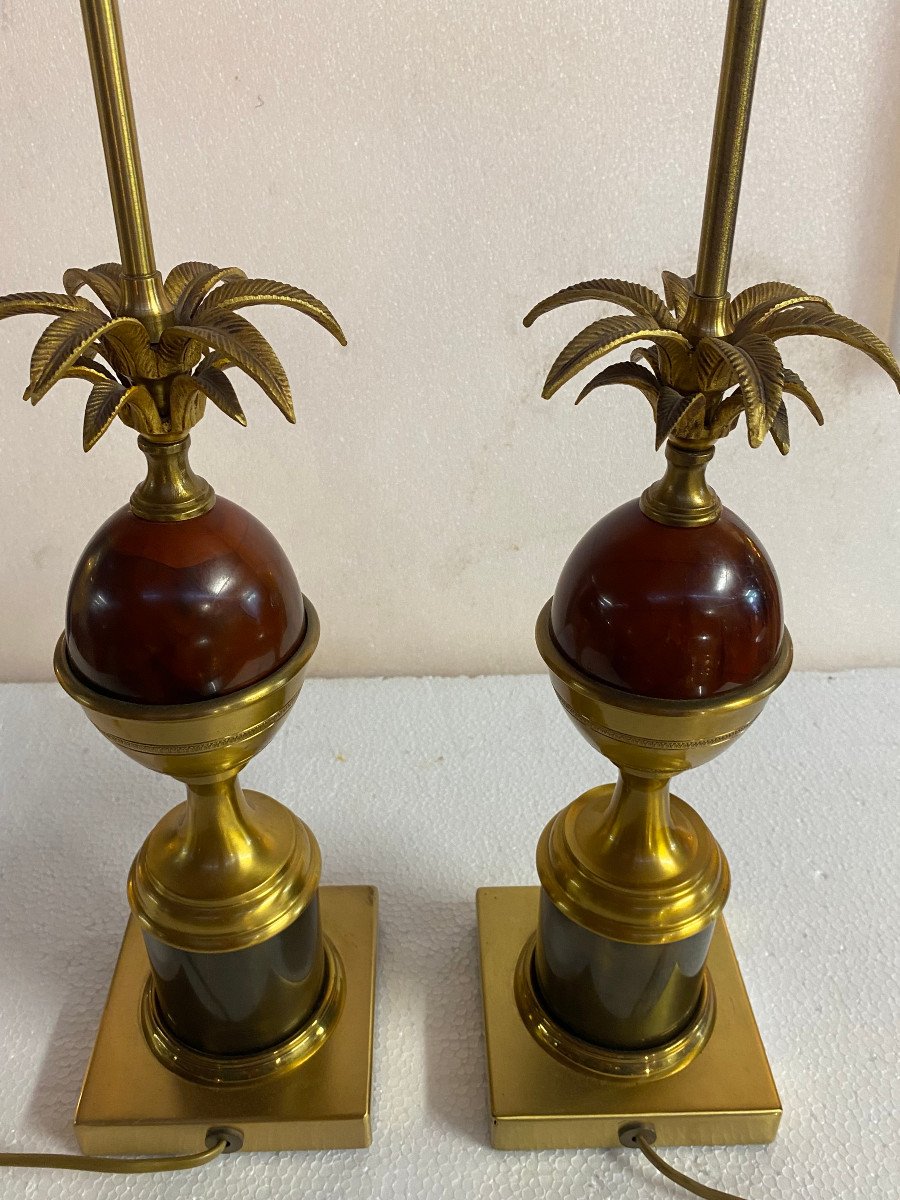 1970′ Pair Of Maison Charles Style Bronze Lamps With Amber Colored Bakelite Egg-photo-1
