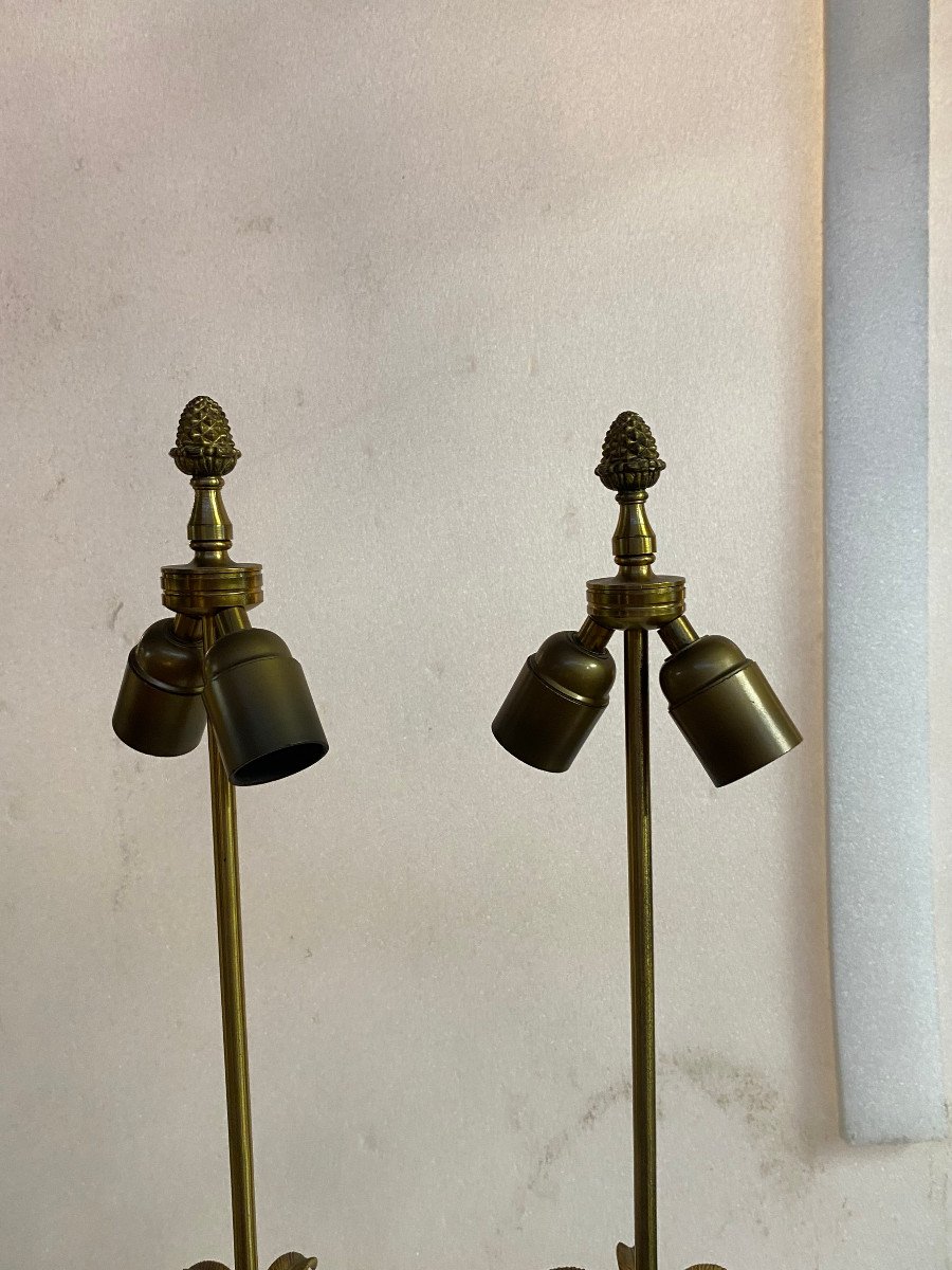 1970′ Pair Of Maison Charles Style Bronze Lamps With Amber Colored Bakelite Egg-photo-5