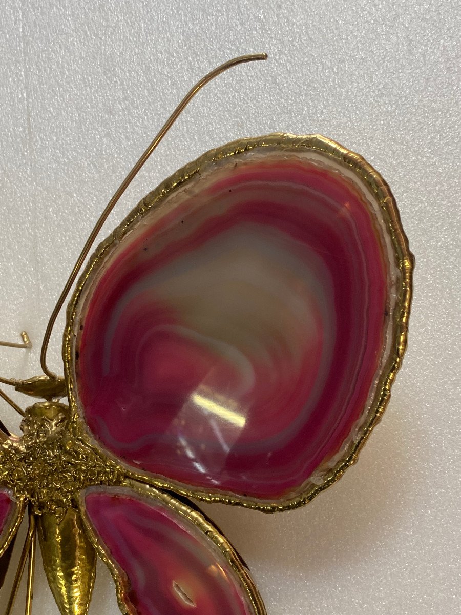 1970’ Applique Papillon Bronze , Duval Brasseur Ou Isabelle Faure, 4 Ampoules, Ailes Agates-photo-3